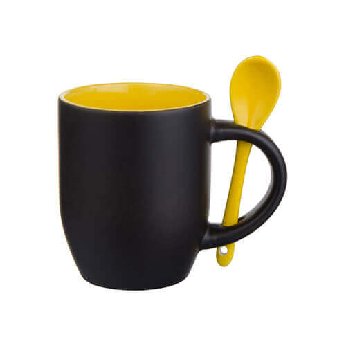 Tazza magico con cucchiaino Sublimazione Termostampa nero opaco con l’interno giallo 