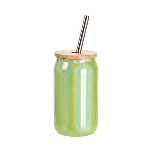 Un bicchiere da 400 ml con cannuccia e coperchio in bambù per sublimazione - glitter verde