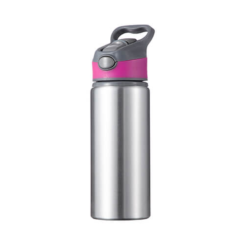 Borraccia in alluminio 650 ml argento con tappo a vite con inserto rosa per sublimazione