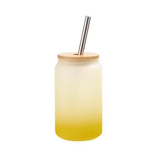 Un bicchiere smerigliato da 400 ml con cannuccia e coperchio in bambù per sublimazione - sfumatura Giallo